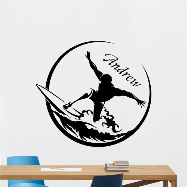

Custom Name Surfing Wall Decal Personalized Vinyl Sticker Dorm Home Interior Art Bathroom Teen Bedroom Mural