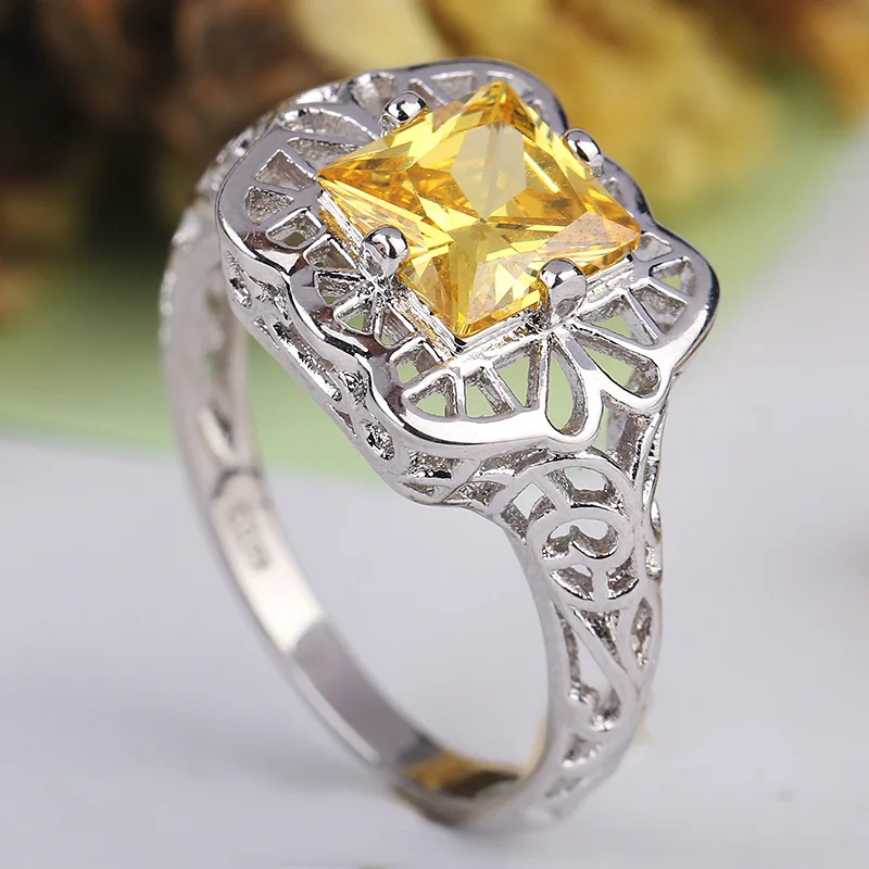

Flower Design Women Fashion Jewelry AAA yellow Zircon Cz solid 925 Stamp Engagement Wedding Band Ring Sz 6-10