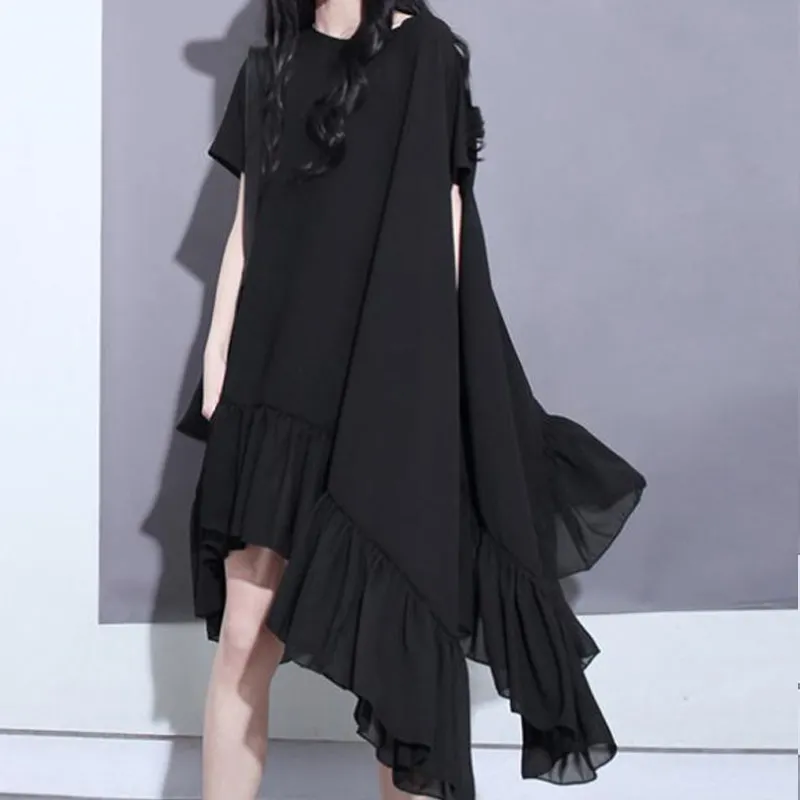 Женское шифоновое платье с листьями лотоса однотонное свободное черного цвета|big