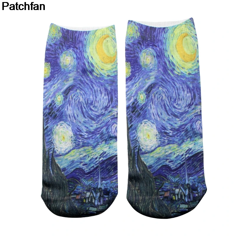 Patchfan Ван Гог "Звездное небо" Новое поступление футболок с рисованным аниме принтом Для женщин носки до лодыжки Kawaii Вечерние пользу Косплей Подарки A1911
