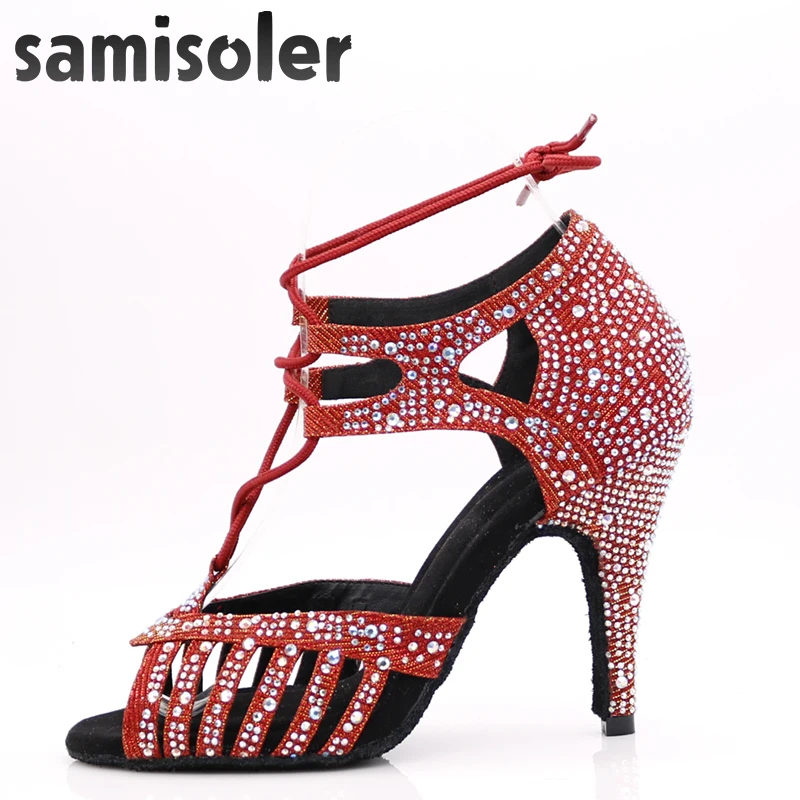 Samisoler Latin dance shoes zapatos de baile latino mujer	 shining Bronze Skin Black satin Women Salsa party Ballroom shoes