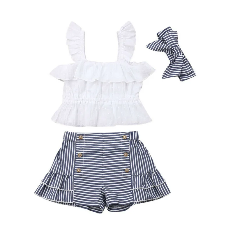 

2019 Toddler Kid Baby Girl Summer Clothes Sleeveless Ruffle Strap Tops+Stripe Shorts+Headband 3PCS Outfits Set Sunsuit 0-30M
