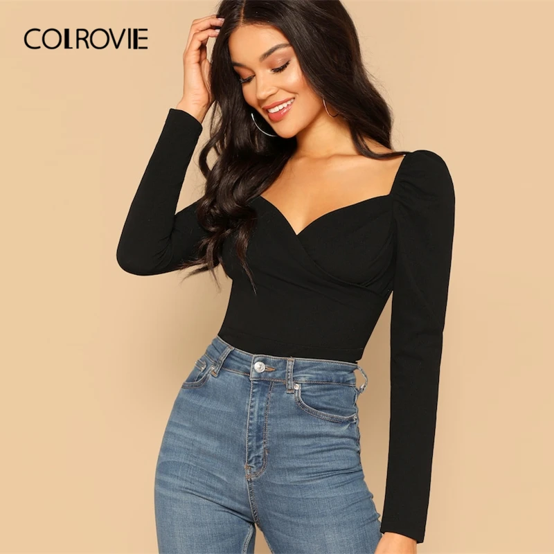 COLROVIE Black Solid Zip Back Fitted Wrap Sweetheart Elegant Blouses Women Spring Long Sleeve Shirt Sexy Office Ladies Tops