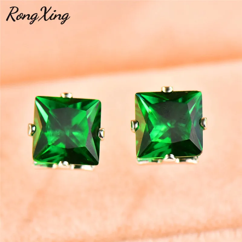 Green RongXing, очаровательные разноцветные циркониевые квадратные серьги-гвоздики для женщин, 925 серебро, заполненная серьга с камнем-талисманом, женские модные ювелирные изделия - Окраска металла: Green