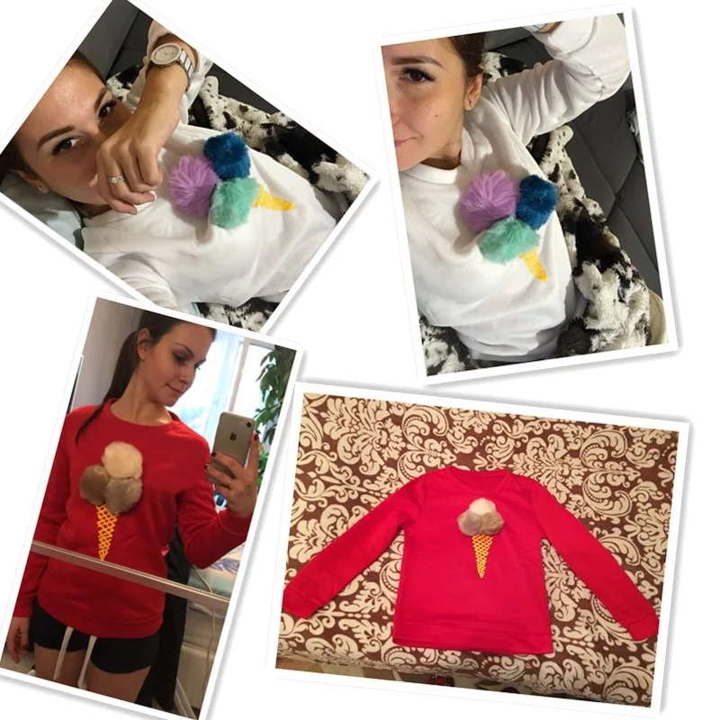 Женская толстовка на весну и осень с меховыми помпонами О образным вырезом без