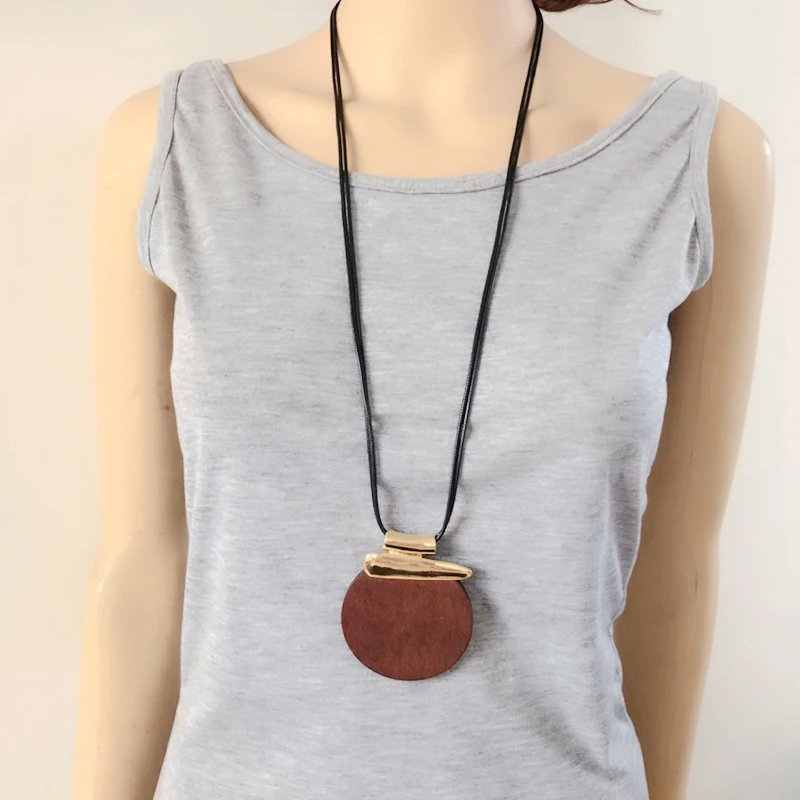 Двойная Черная веревка Круглый свитер деревянная подвеска для ожерелья