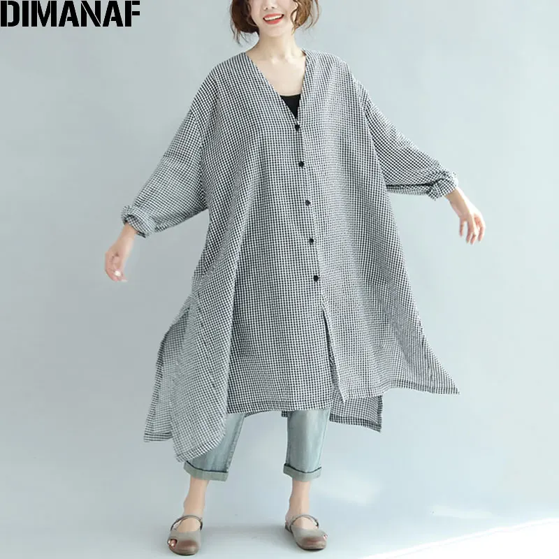 DIMANAF, женское платье, осень размера плюс, льняные пояса, Femme, элегантное, v-образный вырез, крыло летучей мыши, черный, в клетку, с принтом, Свободный кардиган,, длинное платье