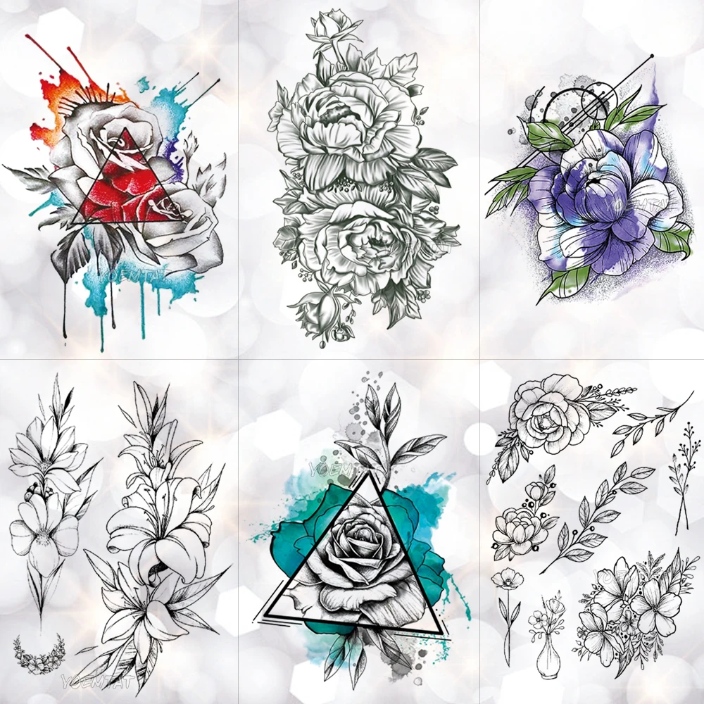 

Triangle Inkjet Rose Waterproof Temporary Tattoo Sticker Minimalist Flower Lily Tattoos Body Art Arm Hand Women Fake Tatoo