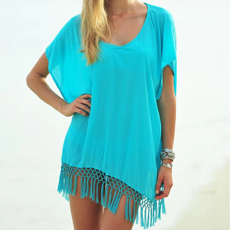 Летнее сексуальное пляжное платье с бахромой парео пляжная одежда туника белый