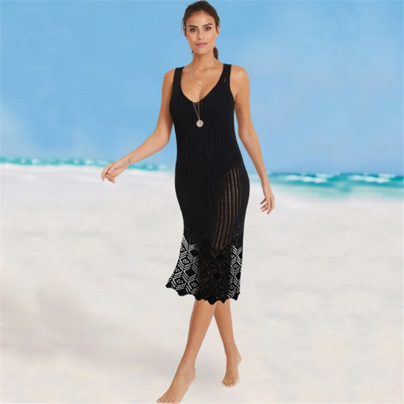 Fitshinling Hollow out knitted beach dress swimwear summer sundress v neck sexy hot slim black pareos side slit lace dresses new | Женская
