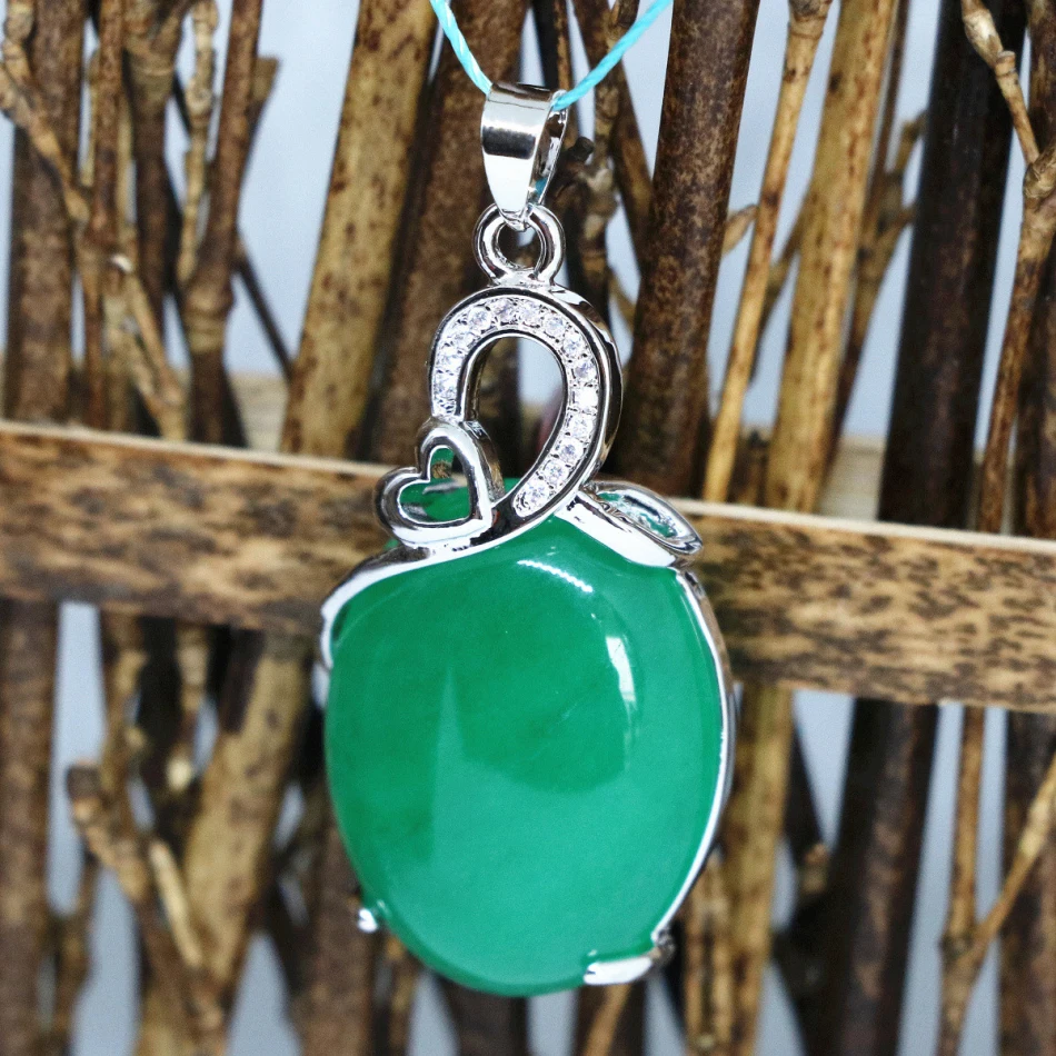 

silver-color oval drop pendant high grade green Malasia chalcedony jades natural stone pretty gift party jewelry 19*33mm B1859