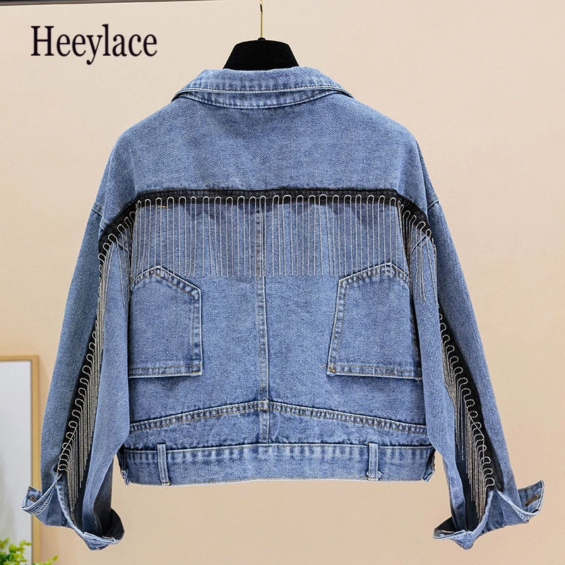 Женская джинсовая куртка с люрексом и кисточками винтажная Повседневная из