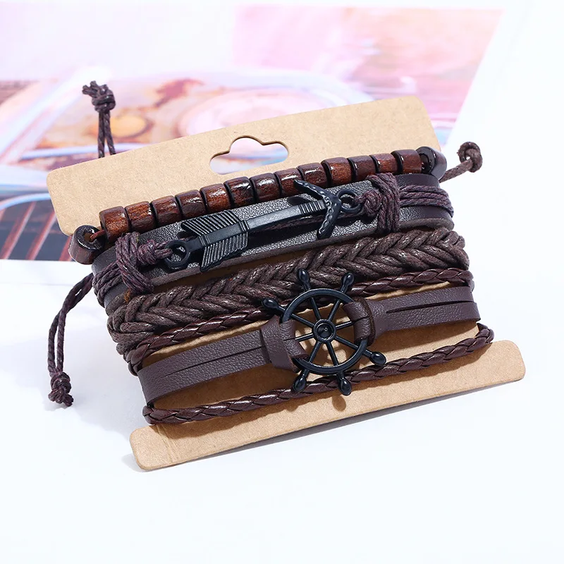 Punk Rock Vintage Fashion Handmade Bracelet Genuine Leather Arrow Rudder Beads Woven Charm Wristbands Bangle Multi-layer Jewelry | Украшения