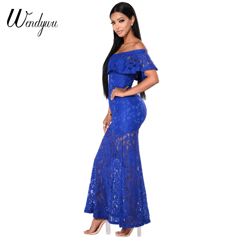 Wendywu Новое модное Однотонное голубое кружевное летнее ТРАПЕЦИЕВИДНОЕ длинное