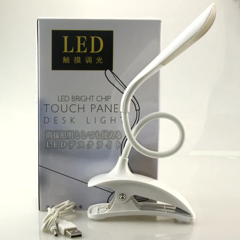 저렴한 LED 터치 감지 밝기 조절 책상 램프 충전식 테이블 램프 접이식 독서 빛 흰색 조명 5V USB 클립 충전