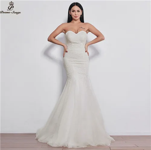 PoemsSongs, новинка, свадебное платье русалки, robe de mariee, без бретелек, vestidos de novia, расшитое бисером, свадебное платье, mariage abiti da sposa - Цвет: ivory