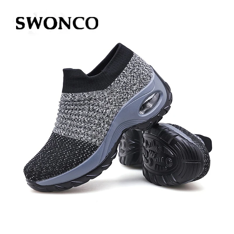 Женские кроссовки SWONCO белые/черные повседневные на платформе танкетке для осени