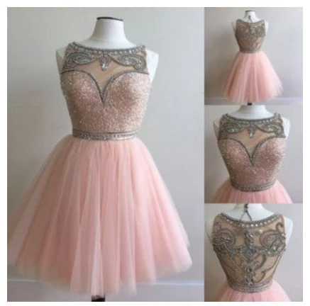 Розовые платья для выпускного вечера короткие из тюля с бисером и кристаллами