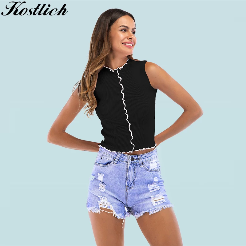 Kostlich Ruched Knit Crop Top Для женщин Сплошной Цвет Повседневное Осень Топы Sexy без рукавов