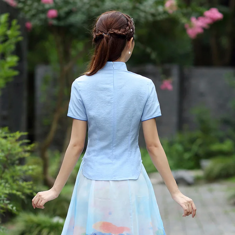 SHENG Коко китайский Винтаж Костюмы костюм Guzheng Cheongsam Чай топы, летний льняной костюм Традиционный китайский Стиль рубашки Для женщин