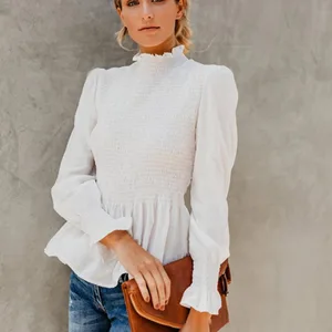 2019 элегантная женская блузка с рукавом-фонариком и воротником-стойкой, блузка с оборками, рубашка, осенне-зимние женские Рубашки, Топы, блузки