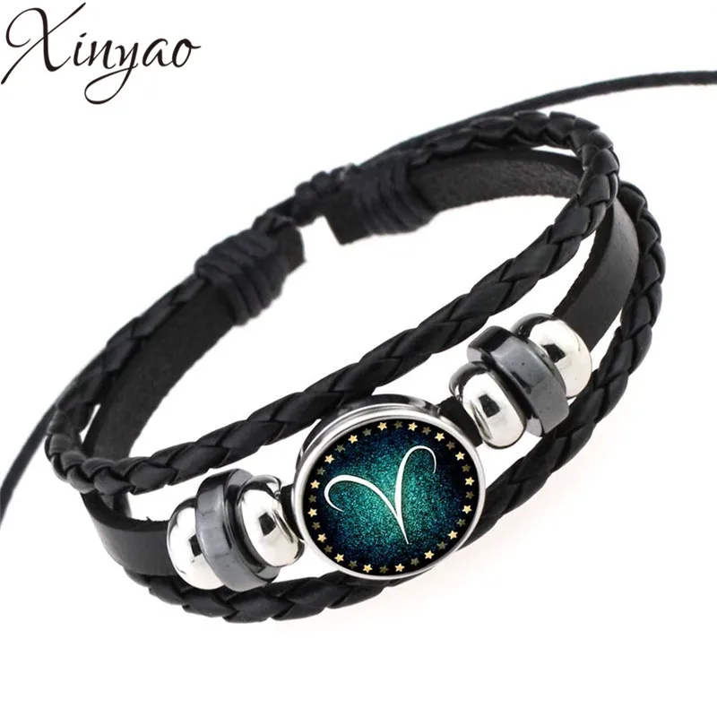 Черный плетеный кожаный браслет со знаками зодиака для мужчин и женщин с