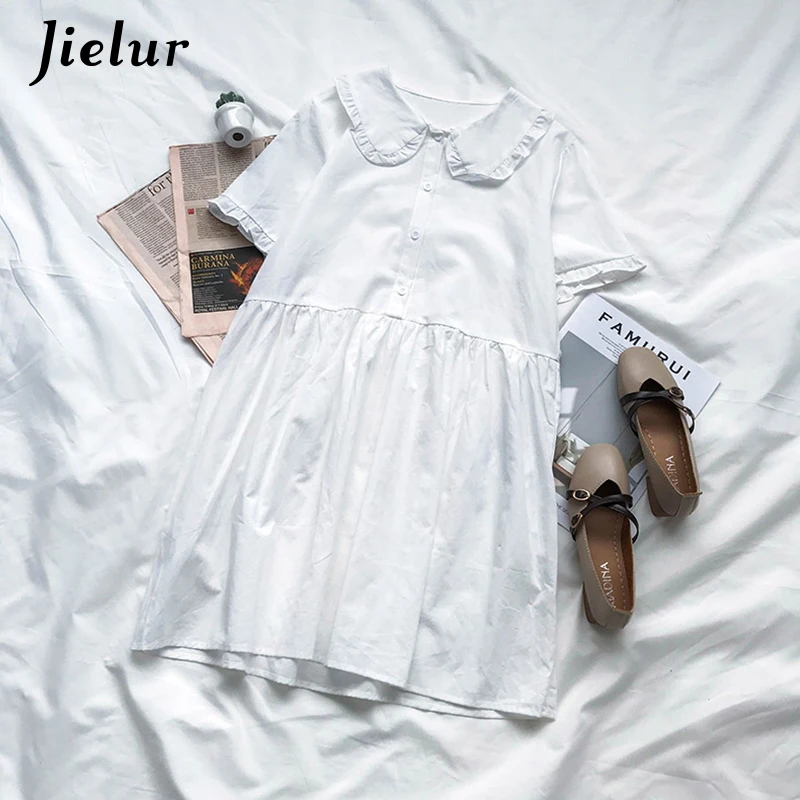 Jielur 2019 Summer Dress Women Single-breasted Pure Color Vintage Dresses Female Sweet Cute Girls Loose Purple Yellow Vestidos | Женская