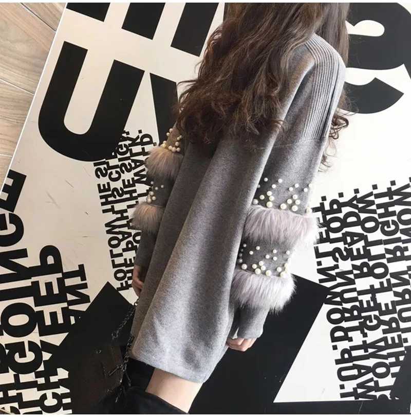 Women Winter Faux Fur Sweater Fashion Pearls Turtleneck Knitted Pullover Female Rabbit Fur Embellish Long Sweaters jumper