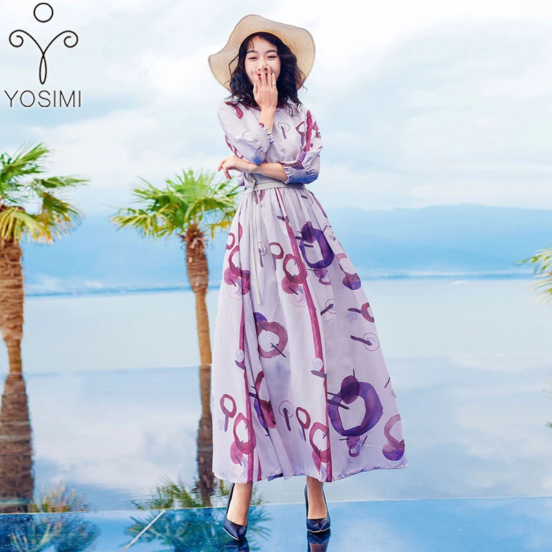 YOSIMI летнее розовое платье для вечеринки длинное женское платье макси Элегантный принт шифон Длина до лодыжки v-образный вырез женское платье