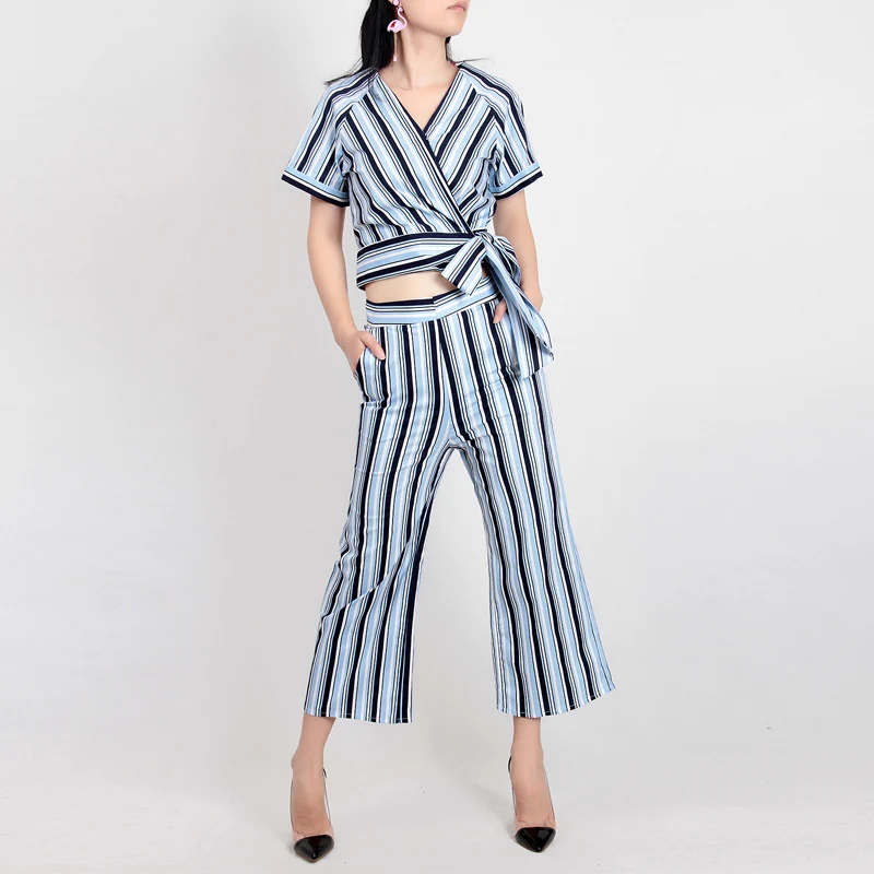 

Guesod2018 summer women set brief blue white striped 100% cotton female set laciness off the belly top+empire ankle-length dress