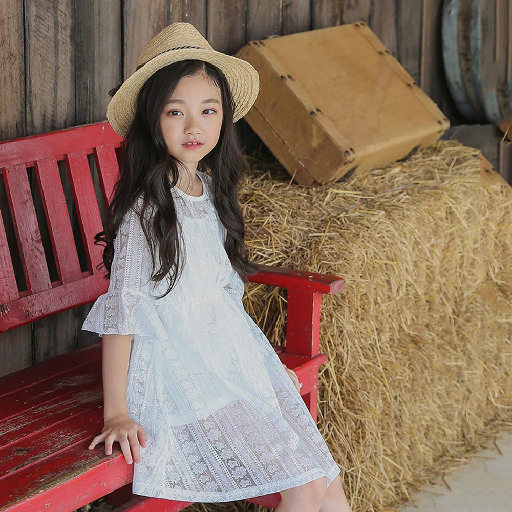 Girls Lace Dress Kids Girl Princess Party Black White Flare Sleeve Teenage Summer age 4 5 6 7 8 10 11 12 years | Детская одежда и