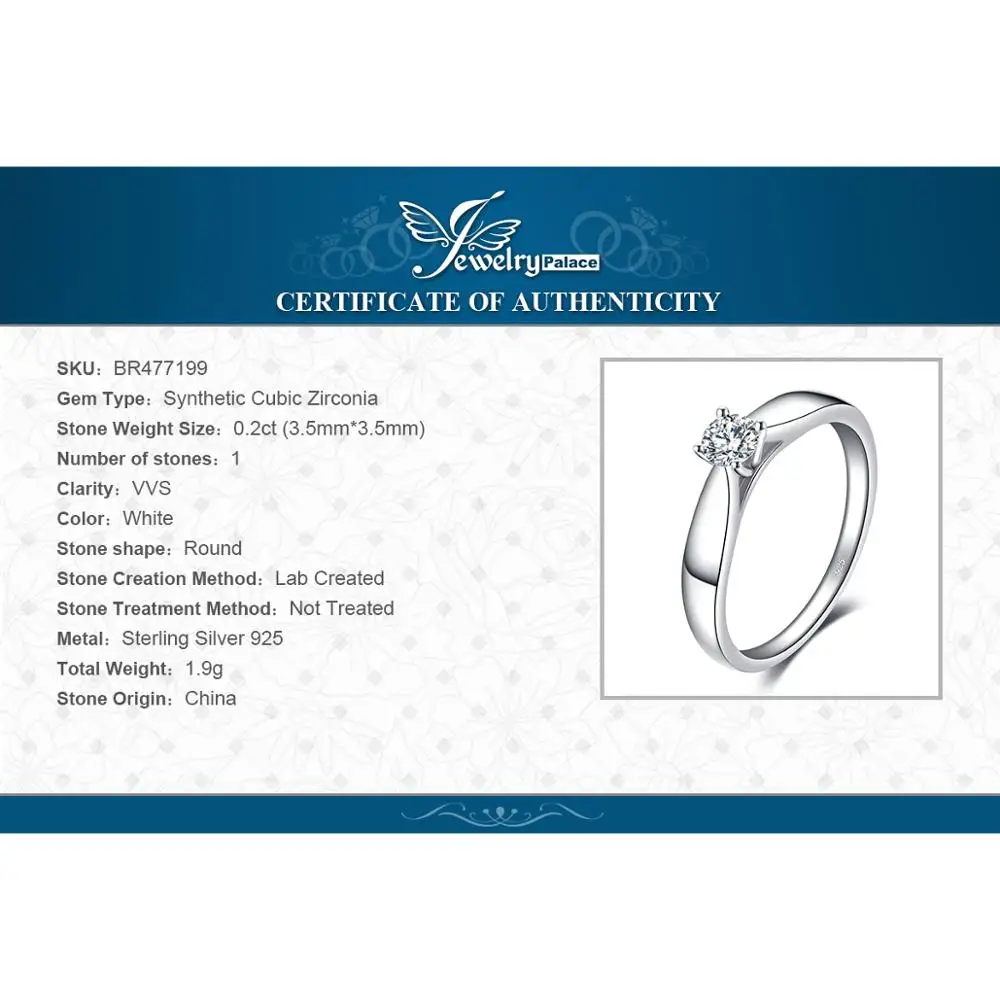 Jewelrypalace прекрасный 0.2ct Обручение пасьянс кольцо из натуральной 925 серебро родием ювелирных изделий для девочек