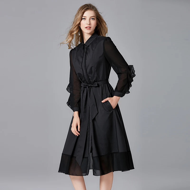 Queechalle 3XL 4XL 5XL размера плюс Повседневное платье-рубашка женское однотонное черное