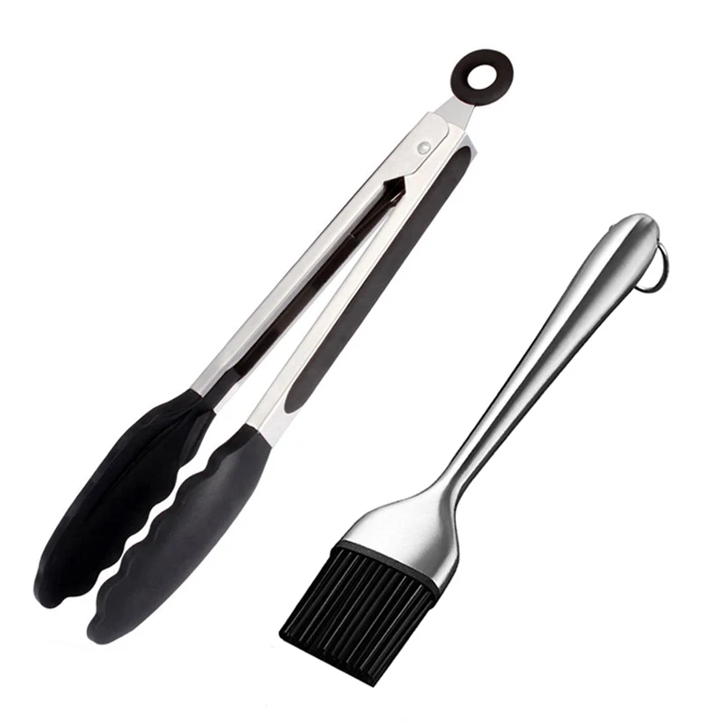 1Pc Brush 1Pc Tongs Щипцы для барбекю, набор кистей для запекания, силиконовая щетка для масла, кухонные щипцы, щипцы для барбекю, гриля, мяса, щипцы для барбекю, масляный соус, щетка, инструменты для барбекю - Цвет: 1Pc Brush 1Pc Tongs