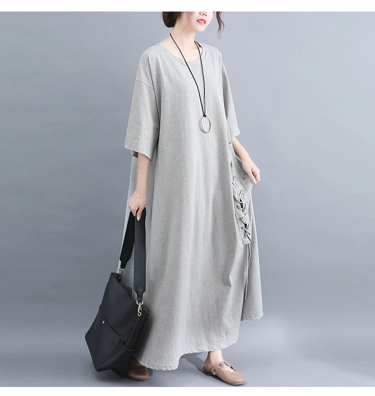 Весенняя мода плюс размер шнуровка Хлопок Макси длинное платье 2019 Лето Lagenlook 1/2