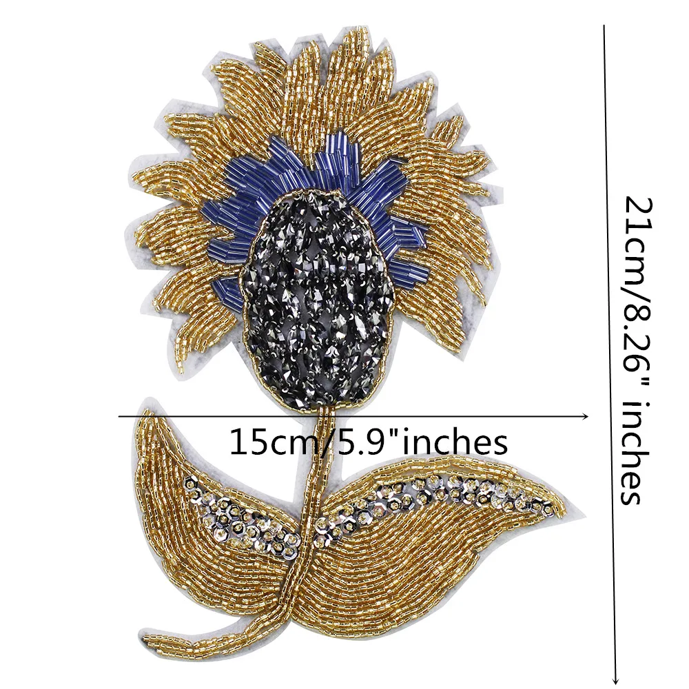2pieces Handmade Beading Large Flower Patches Rhinestones Sequin Applique for Fashion Fur Clothing Decorated Sewing TH1353