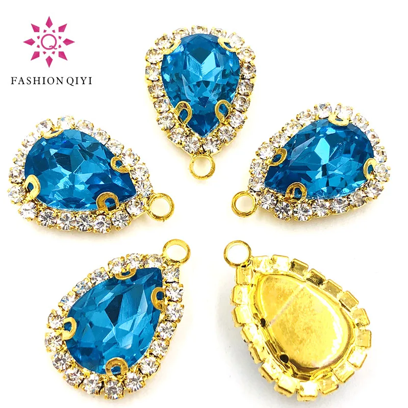 10 шт/упаковка 10x14mmgold дно Голубое озеро капля одно отверстие кристаллическая Кнопка Высокое качество пришить стразы diyClothing/одежда