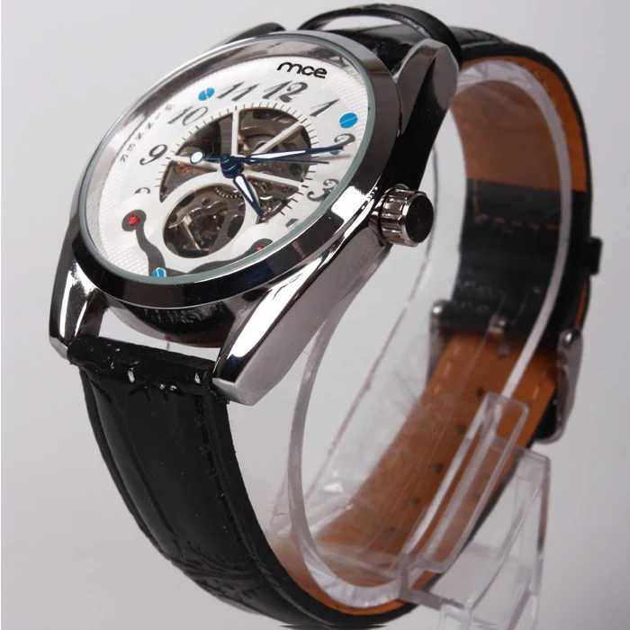 5 шт. автоматический механический скелет часы мужчины кожа ремень роскошь марка в