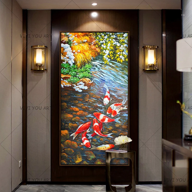Картина для настенного искусства китайская абстрактная Nine Koi Fish пейзаж ручная