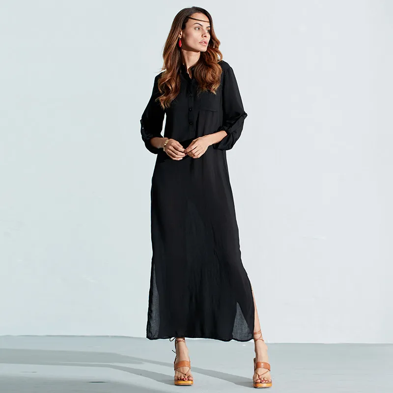 Zanzea Мода Vestidos осеннее женское сексуальное Повседневное платье с длинным рукавом глубокий v-образный вырез с разрезом Сплошное Длинное Платье Макси