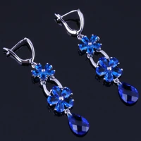 magnificent flower water drop blue cubic zirconia silver plated drop dangle earrings v0812