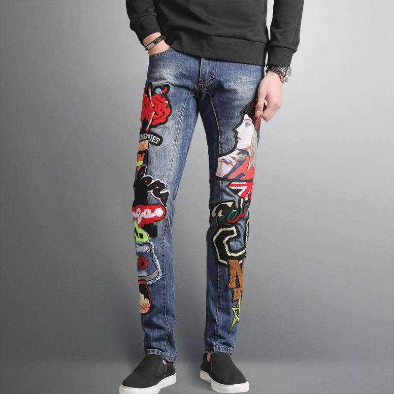 New fashion Men's Lady Printed Jeans Men Slim Straight Blue Long Jeans High Quality Designer Pants Nightclubs Singers Size 29-38