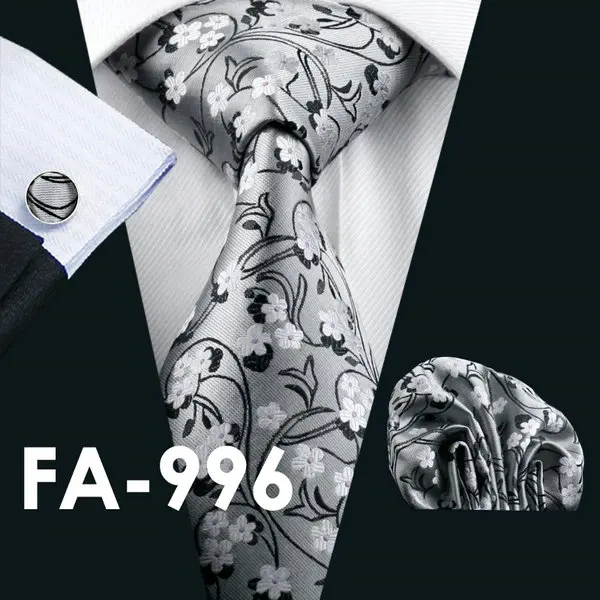 FA-628 мужской галстук серый цветочный Шелковый жаккардовый галстук Hanky набор запонок деловые свадебные галстуки для мужчин - Цвет: FA0996