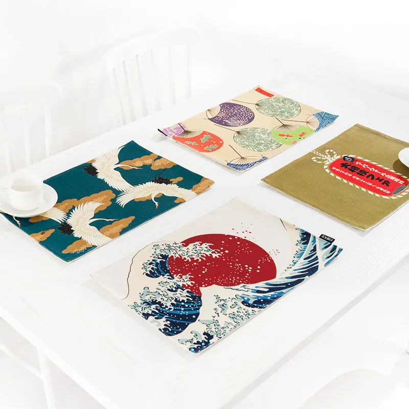 

Japan Style Cotton Linen Placemats Ukiyoe Prints Dining Table Mats Thick Heat Insulated Pads Pot/Bowl Hold Pad Tea Accessories