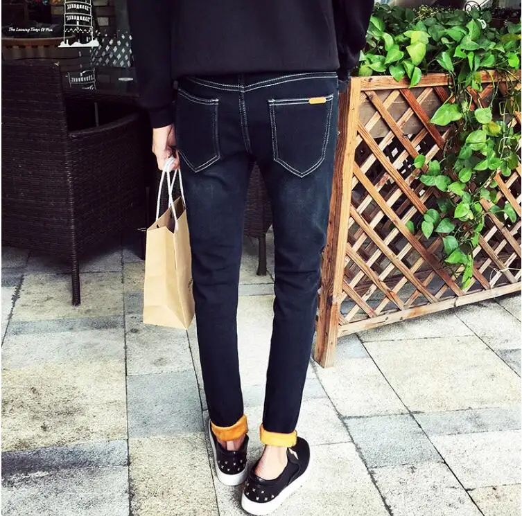 2019 зима плюс флис обтягивающие мужские джинсы бренд золото бархат утолщаются