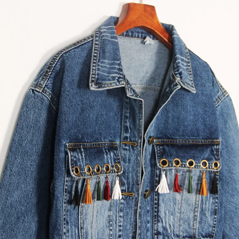 Женская джинсовая куртка с бахромой и карманами осень 2017 ковбойская короткая