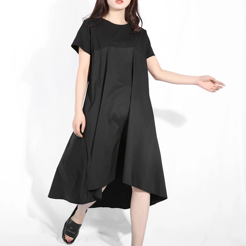 Женское платье с коротким рукавом LANMREM длинное плиссированное круглым вырезом на