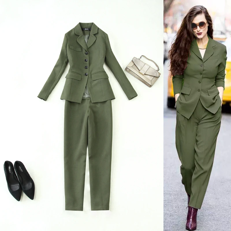 Two-piece women's autumn and winter new style army green temperament slim slimming long suit + harem pants trousers suit