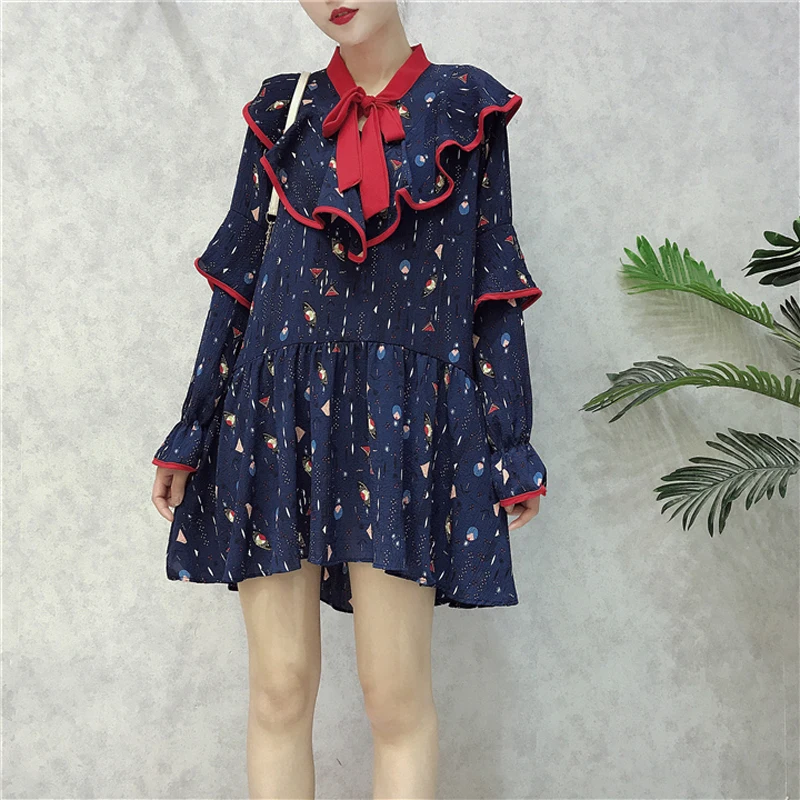 Женское шифоновое мини-платье с рюшами и бантом синее красное принтом D0331 |