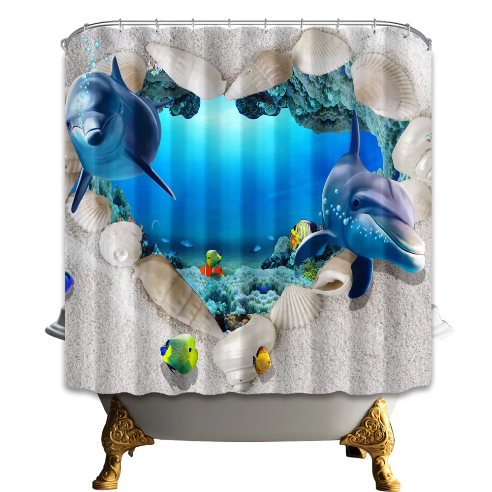 

Seafloor Shark Dolphin 3D Painting Eco-friendly Polyester Waterproof Bathroom Shower Curtain Washable Bath Decor Shower Curtains